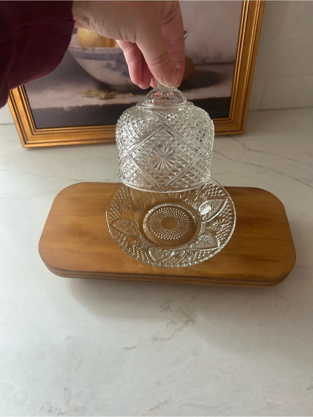 Vintage Pressed Glass Covered Butter Dish Heart Floral Pattern Cottage Decor